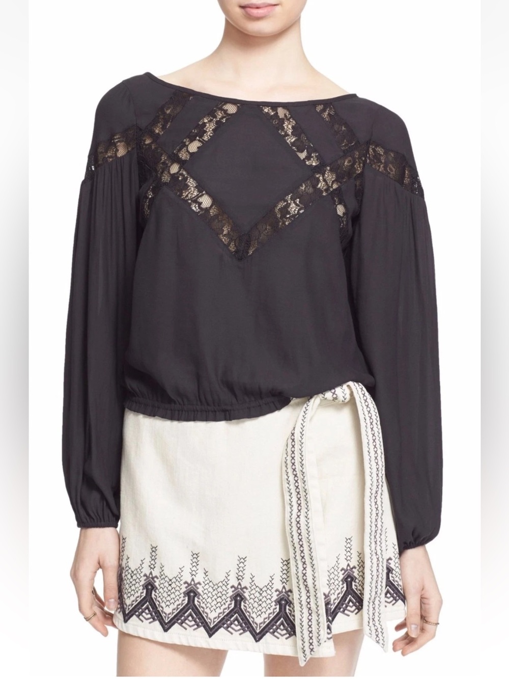 free people M Black Geometry Lessons Black Lace Inset Stripes Long Sleeve Blouse